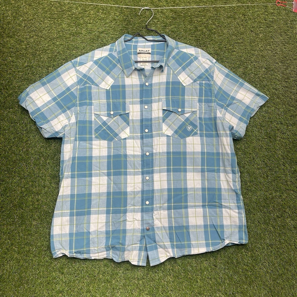Ariat Retro Fit Shirt Mens 2XL Blue Plaid Western Cowboy Pearl Snap Short Sleeve
